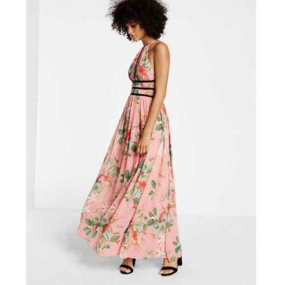 Express Coral Pink Strappy Tropical Floral Print Cut Out Maxi Dress Size Large - Picture 2 of 9